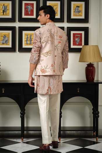 Shop_Mahima Mahajan_Pink Silk, Chanderi Nazam Embroidered Bundi And Kurta Set _at_Aza_Fashions