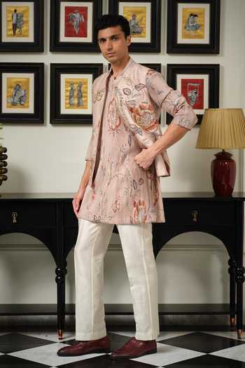Buy_Mahima Mahajan_Pink Silk, Chanderi Nazam Embroidered Bundi And Kurta Set _Online_at_Aza_Fashions