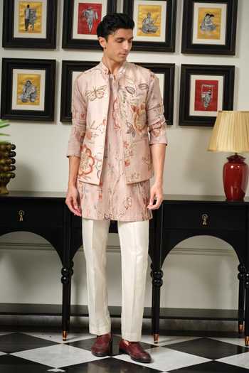 Shop_Mahima Mahajan_Pink Silk, Chanderi Nazam Embroidered Bundi And Kurta Set _Online_at_Aza_Fashions