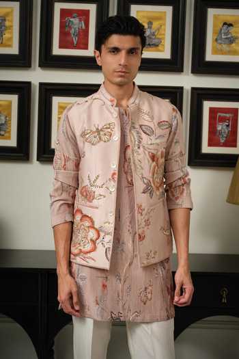 Mahima Mahajan_Pink Silk, Chanderi Nazam Embroidered Bundi And Kurta Set _at_Aza_Fashions