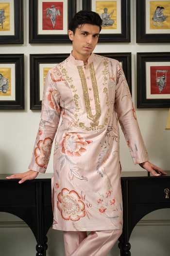Buy_Mahima Mahajan_Pink Silk, Chanderi Rawaq Embellished Kurta Set _Online_at_Aza_Fashions