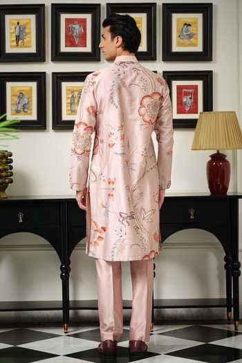 Shop_Mahima Mahajan_Pink Silk, Chanderi Rawaq Embellished Kurta Set _at_Aza_Fashions
