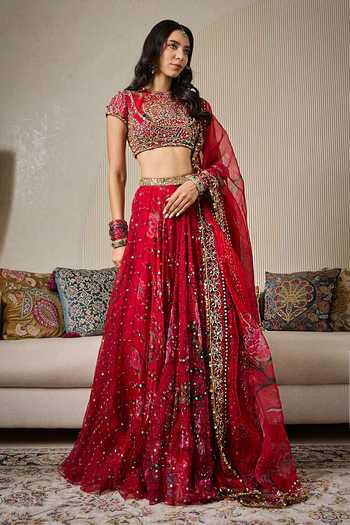 Shop_Mahima Mahajan_Red Silk Organza Round Neck Alina Embroidered Lehenga Set _Online_at_Aza_Fashions
