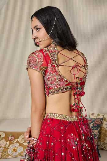 Shop_Mahima Mahajan_Red Silk Organza Round Neck Alina Embroidered Lehenga Set _at_Aza_Fashions