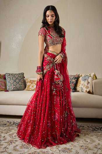 Mahima Mahajan_Red Silk Organza Round Neck Alina Embroidered Lehenga Set _at_Aza_Fashions