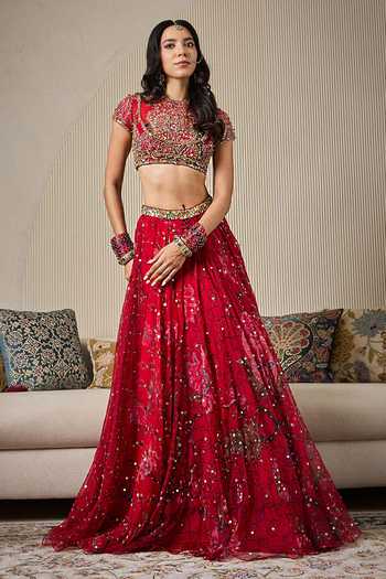 Buy_Mahima Mahajan_Red Silk Organza Round Neck Alina Embroidered Lehenga Set 