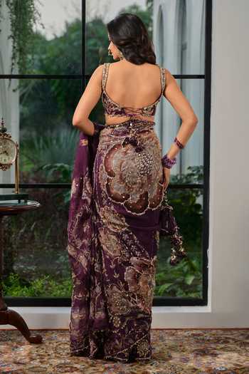 Shop_Mahima Mahajan_Purple Silk Organza Sweetheart Neck Arisha Embroidered Saree With Blouse _at_Aza_Fashions