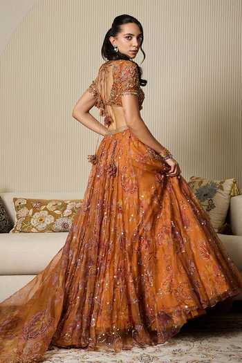 Shop_Mahima Mahajan_Yellow Silk Organza Round Neck Dara Printed Embroidered Lehenga Set _at_Aza_Fashions