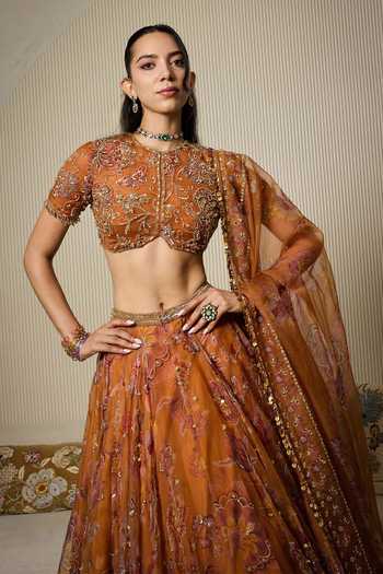 Buy_Mahima Mahajan_Yellow Silk Organza Round Neck Dara Printed Embroidered Lehenga Set _Online_at_Aza_Fashions