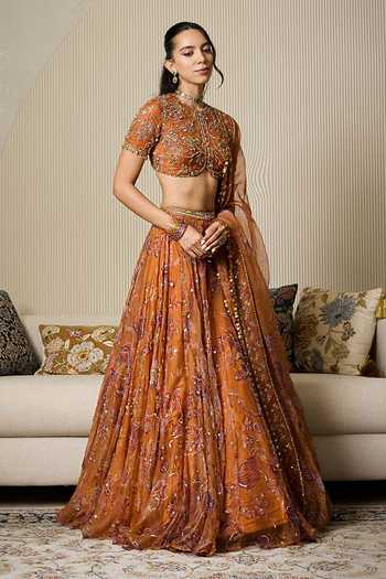 Shop_Mahima Mahajan_Yellow Silk Organza Round Neck Dara Printed Embroidered Lehenga Set _Online_at_Aza_Fashions