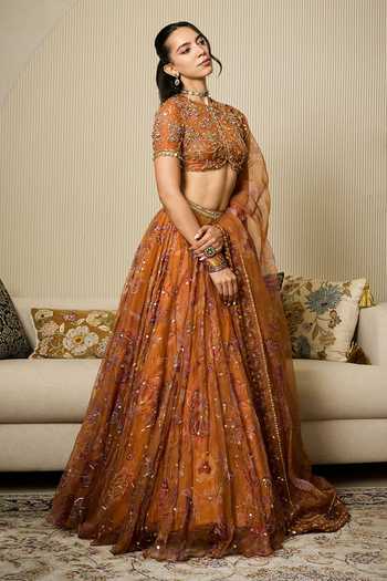 Mahima Mahajan_Yellow Silk Organza Round Neck Dara Printed Embroidered Lehenga Set _at_Aza_Fashions