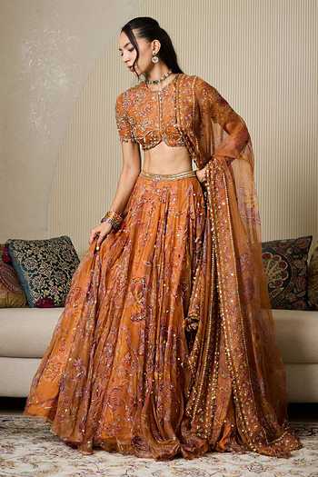 Buy_Mahima Mahajan_Yellow Silk Organza Round Neck Dara Printed Embroidered Lehenga Set 