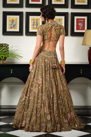 Shop_Mahima Mahajan_Green Silk Organza Sweetheart Neck Dusa Floral Embroidered Lehenga Set _at_Aza_Fashions