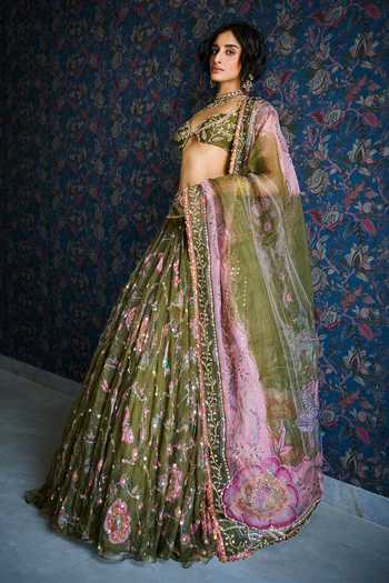 Buy_Mahima Mahajan_Green Silk Organza Sweetheart Neck Dusa Floral Embroidered Lehenga Set 