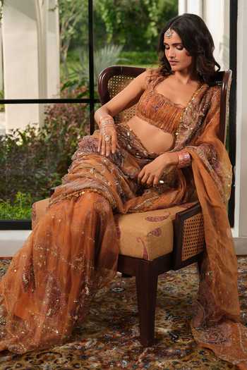 Buy_Mahima Mahajan_Yellow Silk Organza Square Neck Eira Embellished Saree With Blouse _Online_at_Aza_Fashions