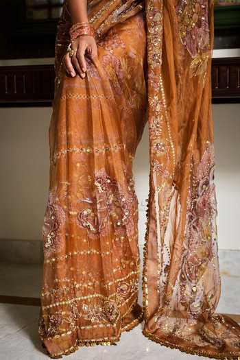Mahima Mahajan_Yellow Silk Organza Square Neck Eira Embellished Saree With Blouse _Online