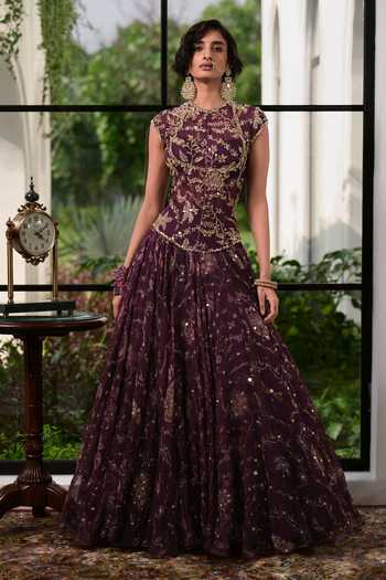 Shop_Mahima Mahajan_Purple Silk Organza High Neck Ghazal Embroidered Anarkali With Dupatta _at_Aza_Fashions