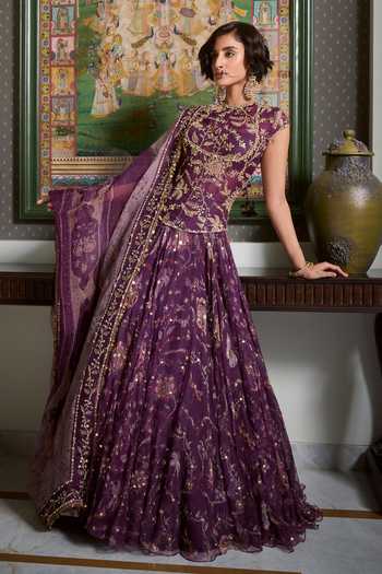 Buy_Mahima Mahajan_Purple Silk Organza High Neck Ghazal Embroidered Anarkali With Dupatta 