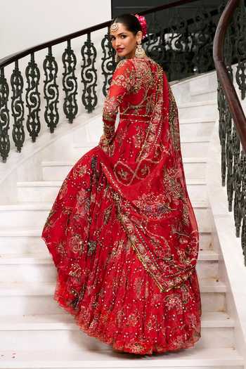 Shop_Mahima Mahajan_Red , Organza, Velvet Round Neck Huda Printed Anarkali With Dupatta _at_Aza_Fashions