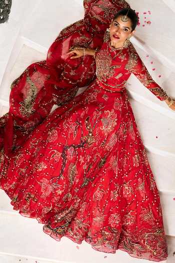 Buy_Mahima Mahajan_Red , Organza, Velvet Round Neck Huda Printed Anarkali With Dupatta _Online_at_Aza_Fashions