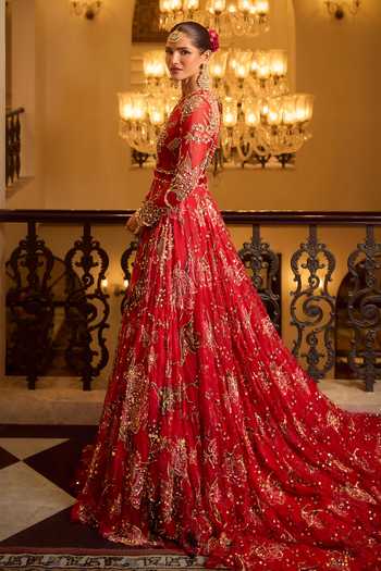 Mahima Mahajan_Red , Organza, Velvet Round Huda Printed Trail Anarkali With Dupatta _at_Aza_Fashions