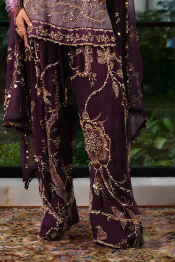 Mahima Mahajan_Purple Silk Organza Keyhole Neck Ilham Embroidered Shirt Kurta Pant Set _Online_at_Aza_Fashions