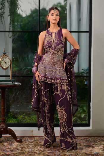 Shop_Mahima Mahajan_Purple Silk Organza Keyhole Neck Ilham Embroidered Shirt Kurta Pant Set _Online_at_Aza_Fashions