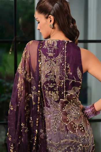 Shop_Mahima Mahajan_Purple Silk Organza Keyhole Neck Ilham Embroidered Shirt Kurta Pant Set _at_Aza_Fashions