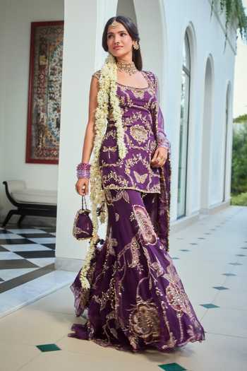 Buy_Mahima Mahajan_Purple Silk Organza Square Neck, Yes Iqra Embroidered Kurta Sharara Set _Online_at_Aza_Fashions