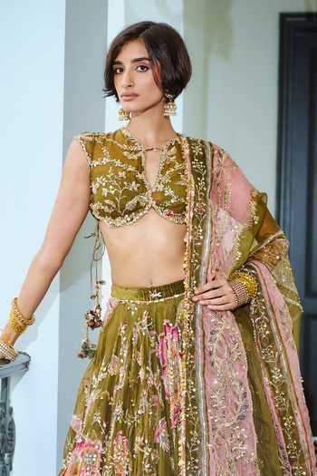 Mahima Mahajan_Green Organza, Velvet, Keyhole Jasmin Heavy Embroidered Lehenga Set _Online_at_Aza_Fashions