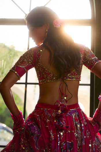 Shop_Mahima Mahajan_Pink , Organza, Velvet Square Neck Karim Embroidered Lehenga Set _at_Aza_Fashions