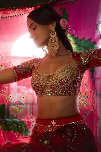 Mahima Mahajan_Pink , Organza, Velvet Square Neck Karim Embroidered Lehenga Set _Online_at_Aza_Fashions