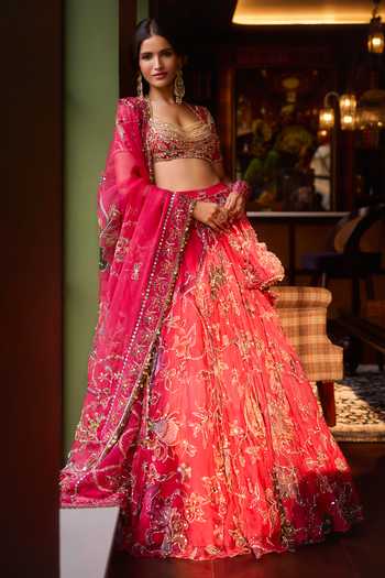 Buy_Mahima Mahajan_Pink , Organza, Velvet Square Neck Karim Embroidered Lehenga Set 