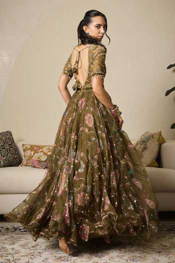 Shop_Mahima Mahajan_Olive Green , Organza, Velvet, Laila Embroidered Anarkali With Dupatta _at_Aza_Fashions