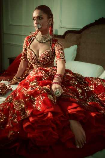 Shop_Mahima Mahajan_Red , Organza, Velvet Sweetheart Lubna Embroidered Bridal Lehenga Set _at_Aza_Fashions