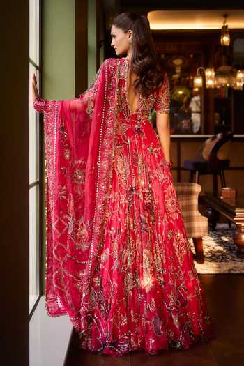 Shop_Mahima Mahajan_Pink Silk Organza Plunge Neck Mahira Embroidered Anarkali With Dupatta _at_Aza_Fashions
