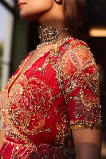 Shop_Mahima Mahajan_Pink Silk Organza Plunge Neck Mahira Embroidered Anarkali With Dupatta 