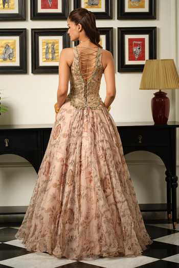 Shop_Mahima Mahajan_Beige Silk Organza V-neck Malaika Embroidered Corset Anarkali With Dupatta _at_Aza_Fashions
