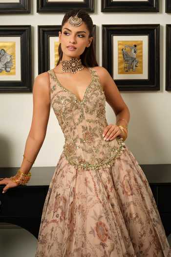 Mahima Mahajan_Beige Silk Organza V-neck Malaika Embroidered Corset Anarkali With Dupatta _at_Aza_Fashions