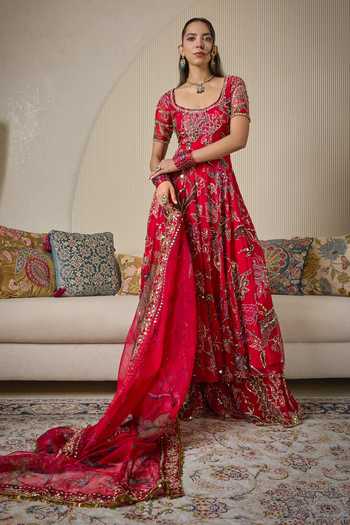 Buy_Mahima Mahajan_Red Silk Organza Scoop Neck Marwa Embroidered Anarkali Sharara Set _at_Aza_Fashions
