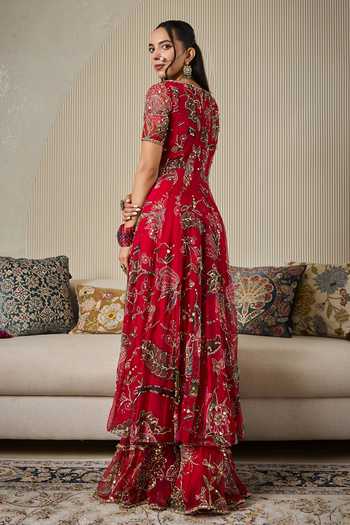 Mahima Mahajan_Red Silk Organza Scoop Neck Marwa Embroidered Anarkali Sharara Set _Online