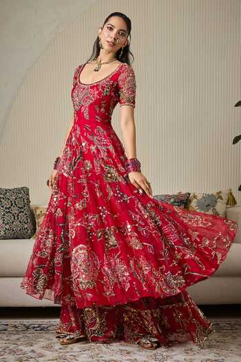 Buy_Mahima Mahajan_Red Silk Organza Scoop Neck Marwa Embroidered Anarkali Sharara Set _Online