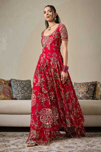 Shop_Mahima Mahajan_Red Silk Organza Scoop Neck Marwa Embroidered Anarkali Sharara Set _Online