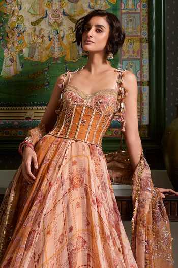 Shop_Mahima Mahajan_Peach Silk Organza Sweetheart Misbah Embroidered Corset Anarkali With Dupatta _at_Aza_Fashions