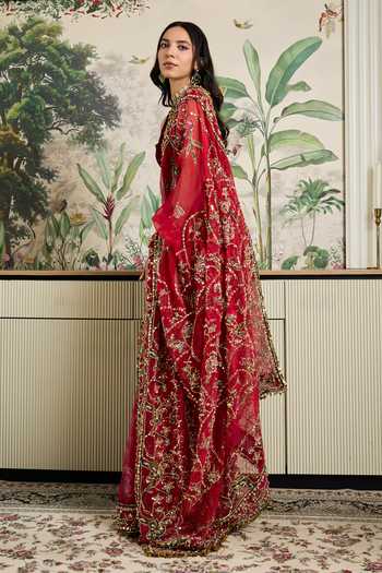 Shop_Mahima Mahajan_Red , Organza, Velvet Square Neck Naimat Embroidered Saree With Blouse _at_Aza_Fashions