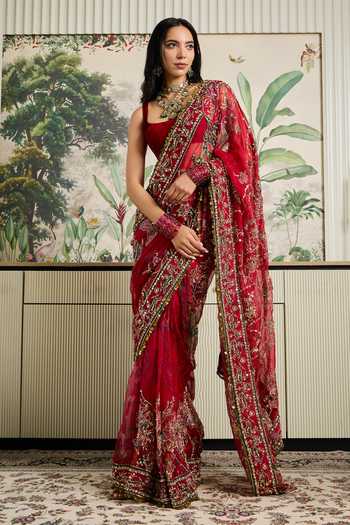 Buy_Mahima Mahajan_Red , Organza, Velvet Square Neck Naimat Embroidered Saree With Blouse _at_Aza_Fashions
