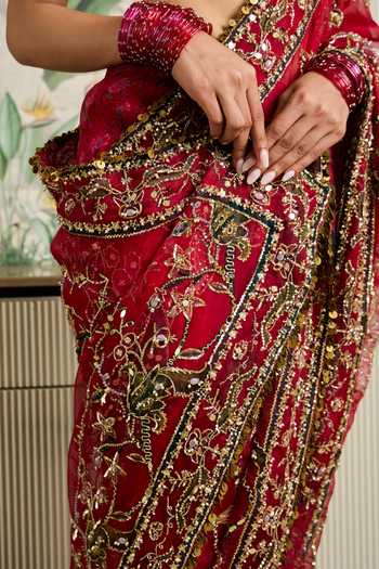 Shop_Mahima Mahajan_Red , Organza, Velvet Square Neck Naimat Embroidered Saree With Blouse _Online_at_Aza_Fashions