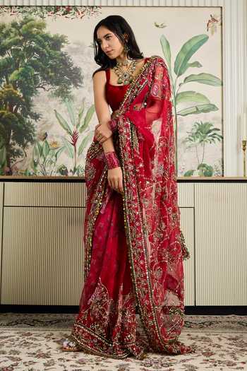 Buy_Mahima Mahajan_Red , Organza, Velvet Square Neck Naimat Embroidered Saree With Blouse 