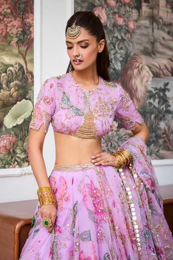 Mahima Mahajan_Purple Silk Organza Round Neck Olina Floral Embroidered Lehenga Set _Online_at_Aza_Fashions