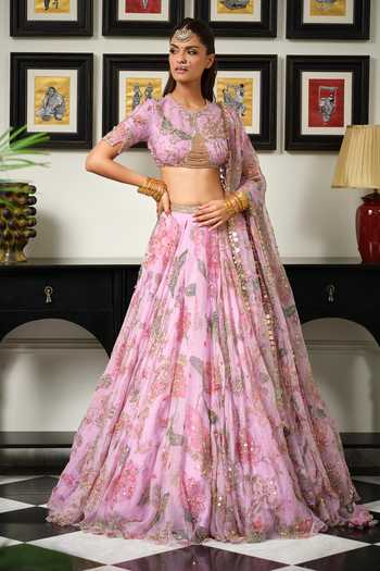 Shop_Mahima Mahajan_Purple Silk Organza Round Neck Olina Floral Embroidered Lehenga Set _at_Aza_Fashions